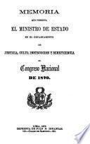 Memoria que presenta el Ministro de Justicia, Culto, Instrucción Pública y Beneficencia al Congreso Ordinario