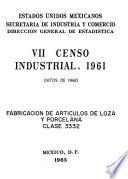 VII Censo Industrial 1961. Fabricación de artículos de loza y porcelana. Clase 3332. Datos de 1960
